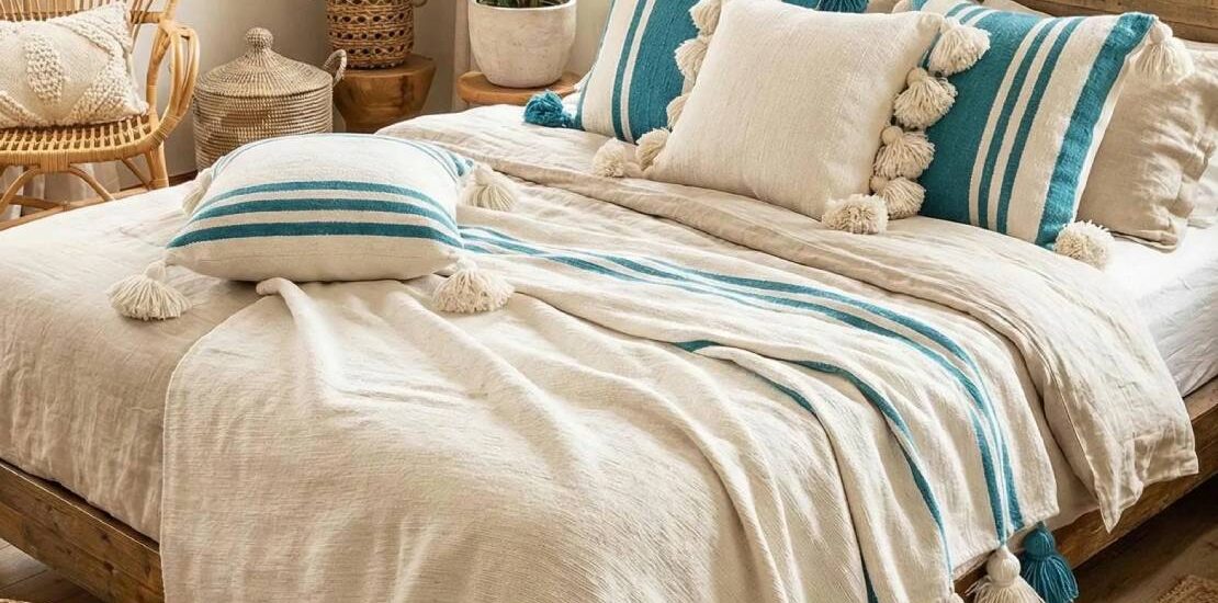 Handmade Moroccan blanket styled on a sofa in a modern living room