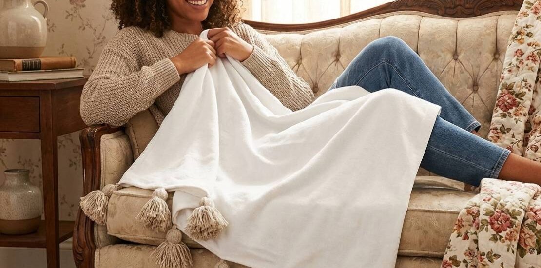 Handmade Moroccan wool blanket neatly folded at home for care tips