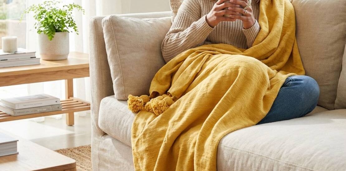 Moroccan handmade blanket styled on a living room sofa