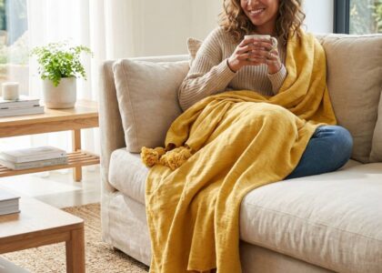 Moroccan handmade blanket styled on a living room sofa